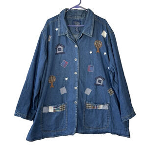 Willow Ridge Womens Size 3XL Denim Blue Long Sleeve Applique Button Front Jacket